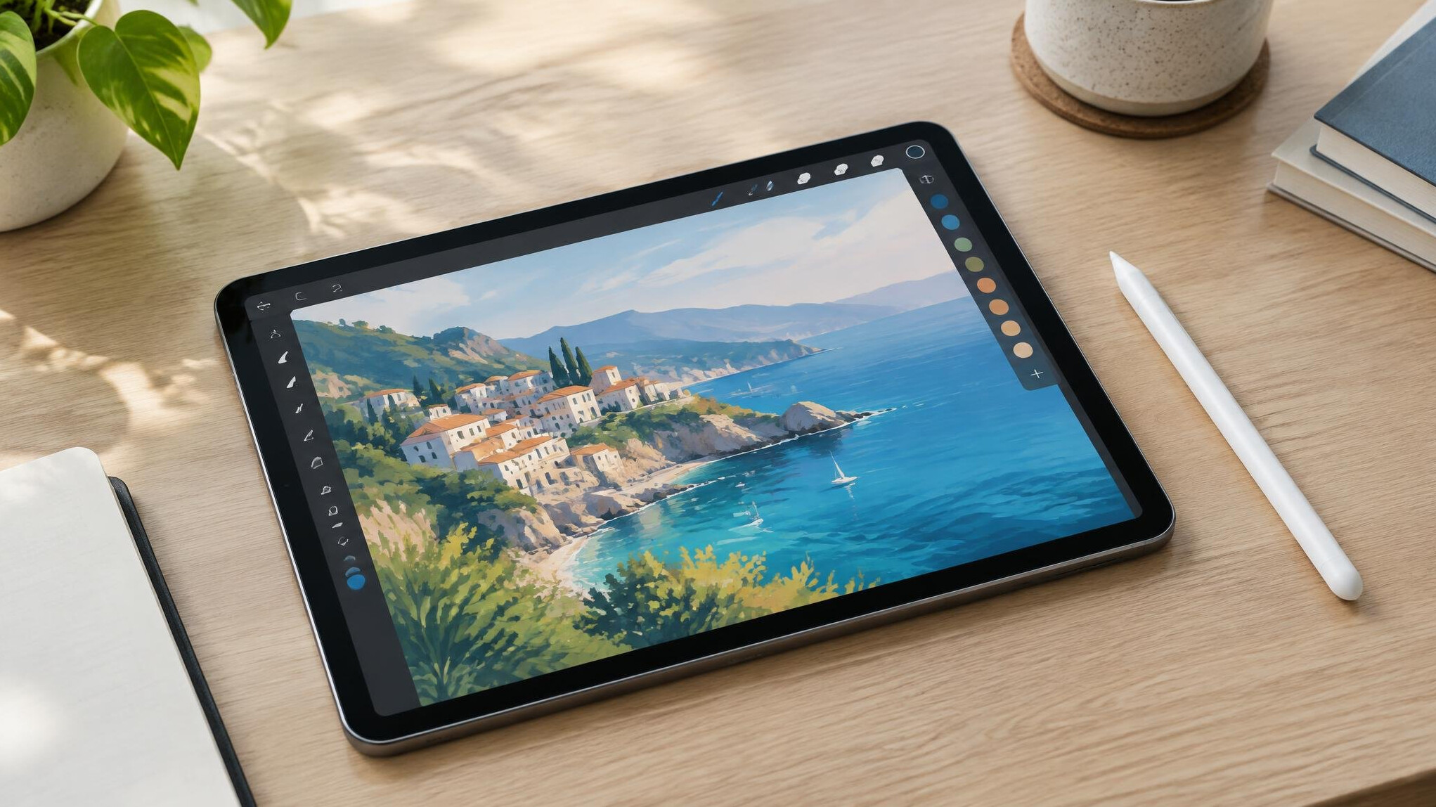 Tablet with a keyboard case on a desk with a stylus