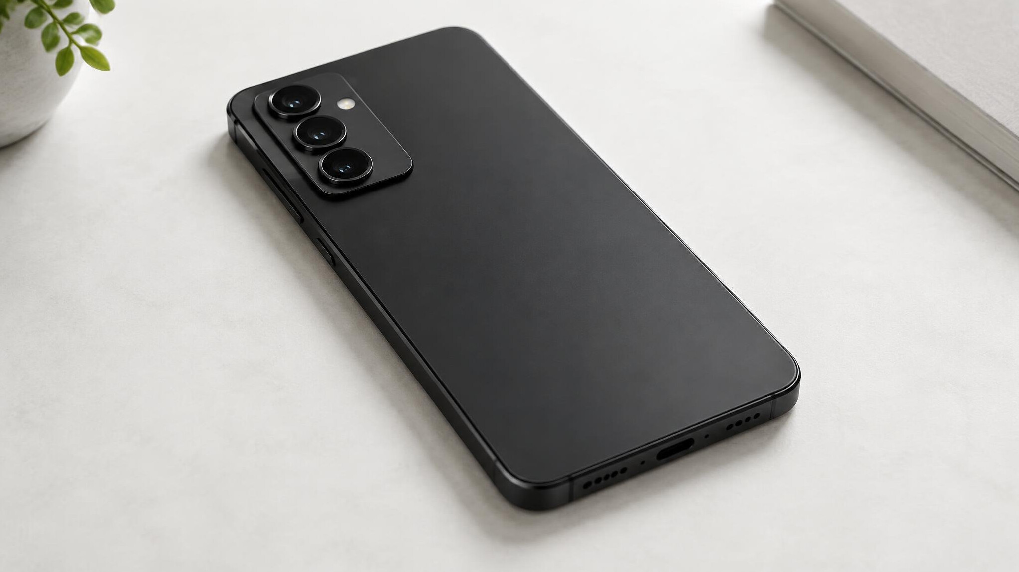 Black smartphone with a triple camera lying on a table