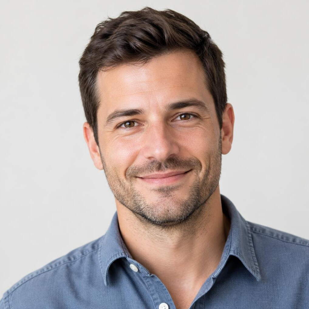 Smiling man with short dark hair and light stubble in a casual shirt