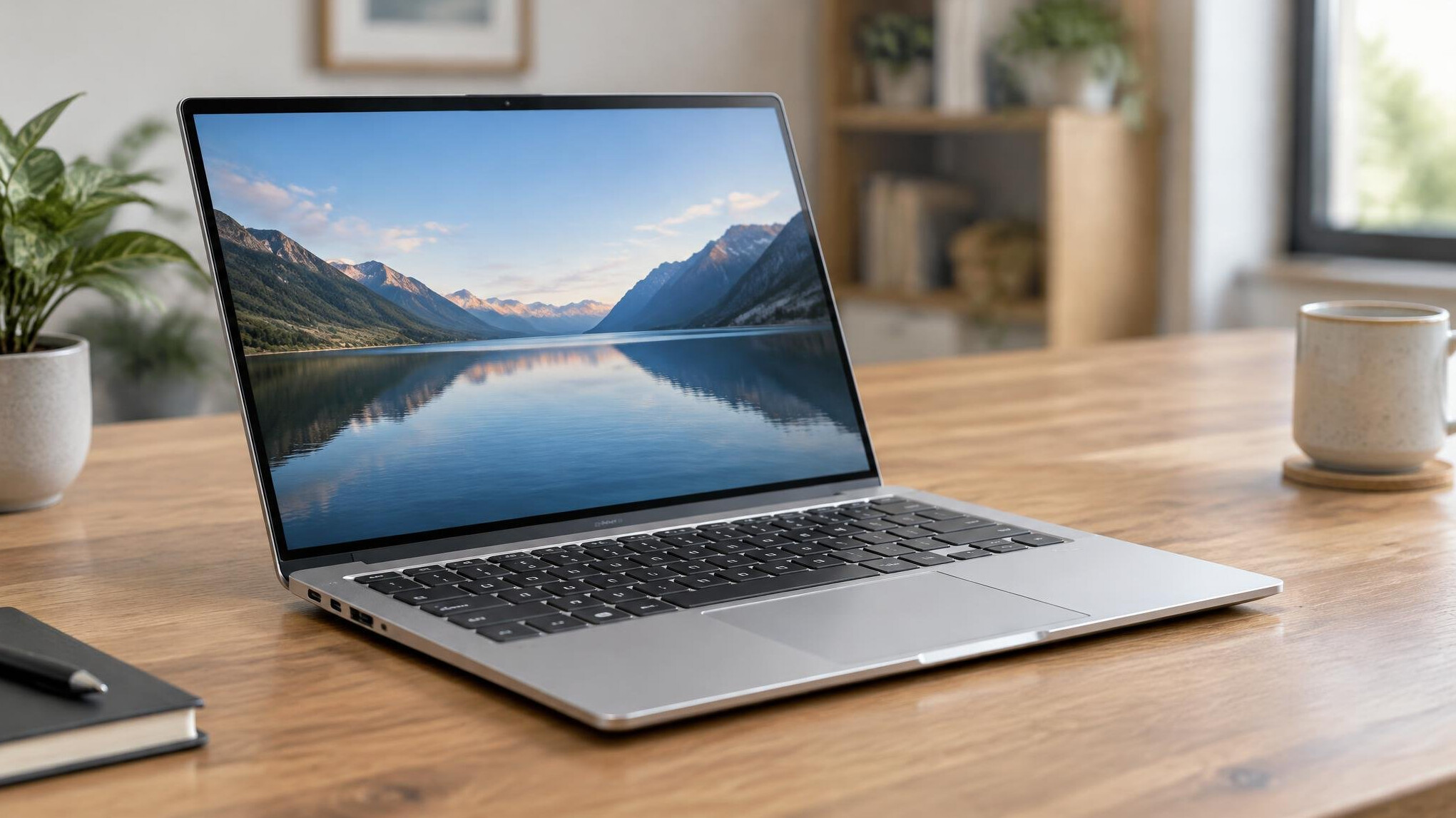 Silver laptop open on a wooden table with a blank screen