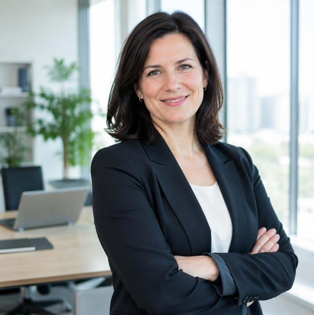 Smiling businesswoman with dark hair in a blazer in an office