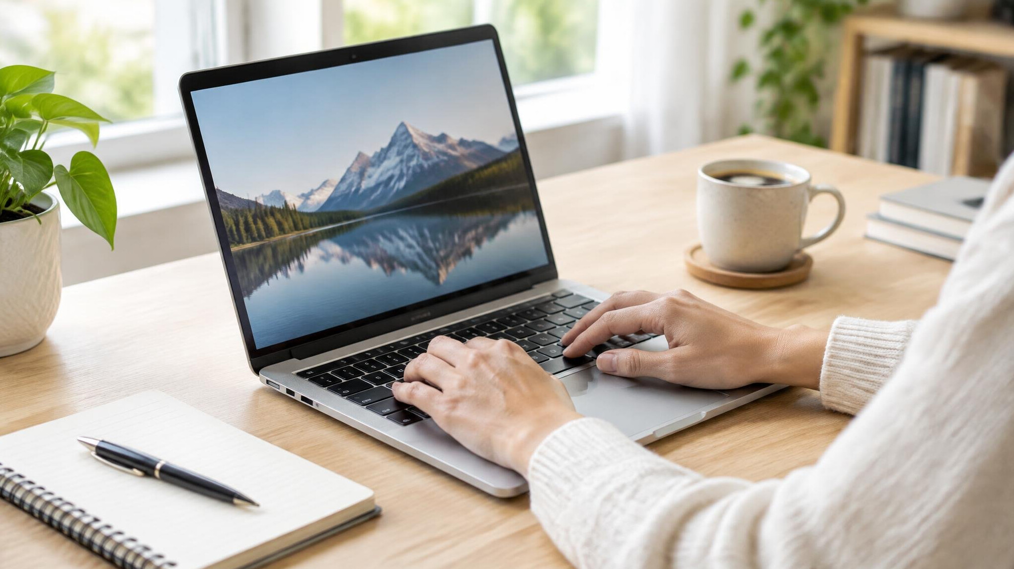 Person comparing laptop models on a silver laptop at a bright desk